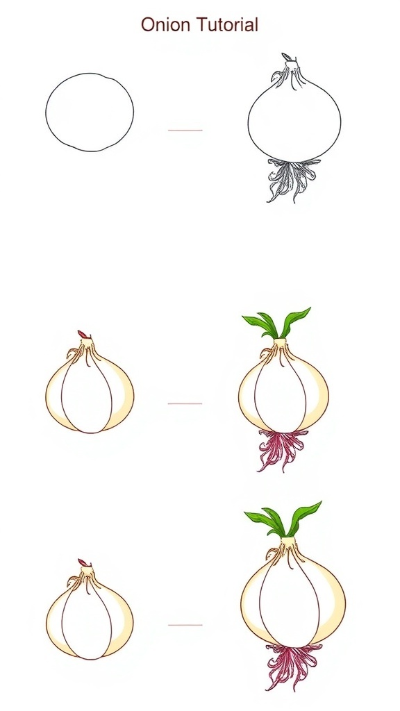 Step-by-step onion drawing tutorial with basic shapes and shading.